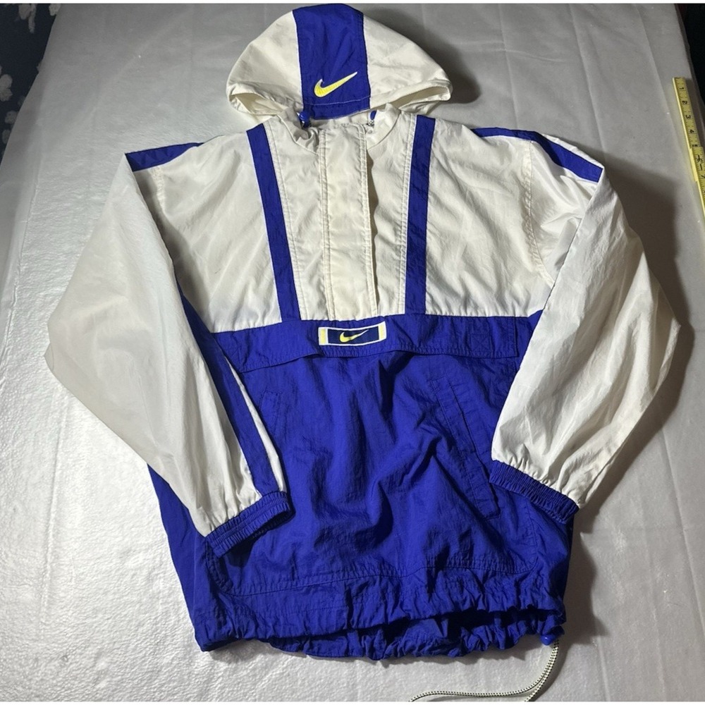 VTG 1990 Nike Anorak Jacket Mens Large Blue White Yellow Swoosh Hood Windbreaker
